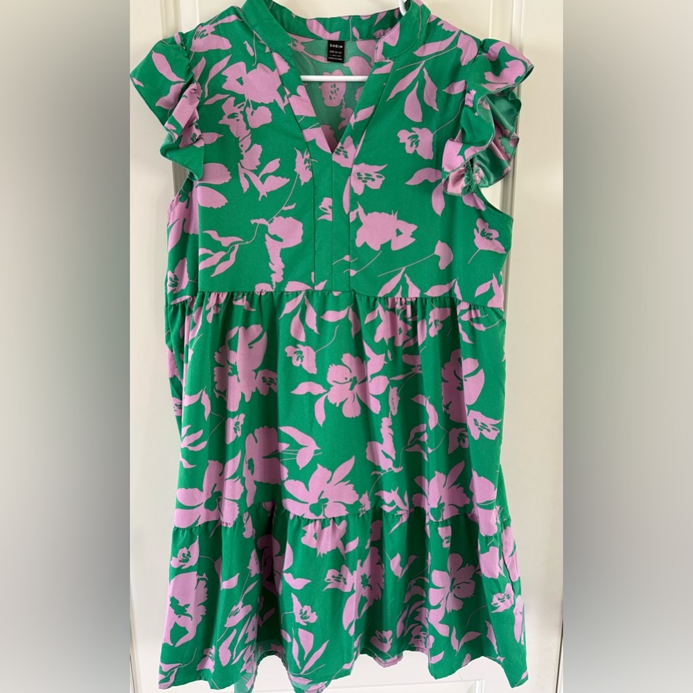SHEIN Green and Pink Floral Ruffle Muni Dress